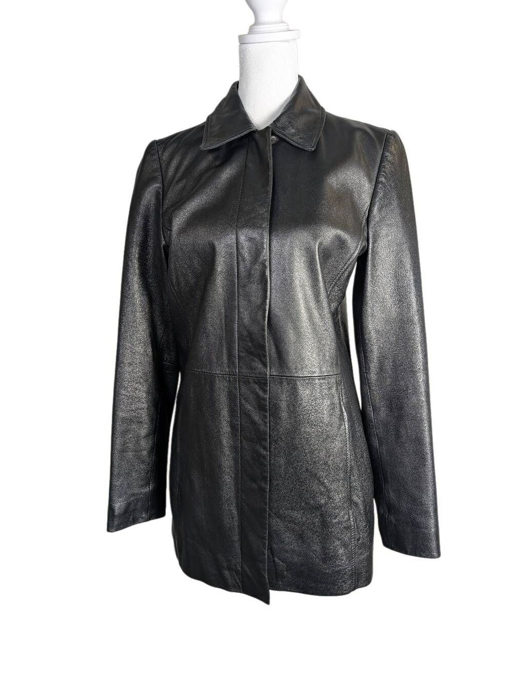 Halogen 90s Black leather mid length snap closure collared jacket coat womens S
